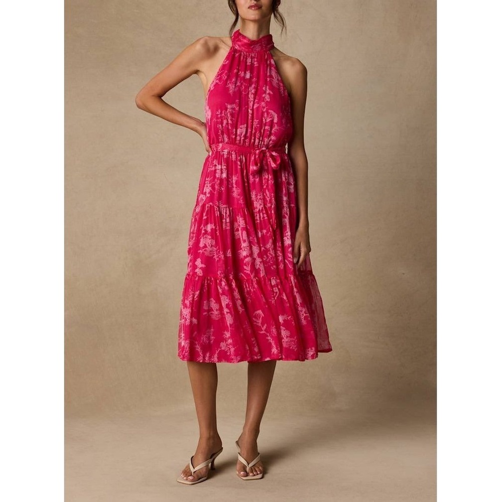NWT Lulus Float to You Hot Pink Floral Print Halter-Neck Tiered Midi Dress Small - Picture 3 of 12